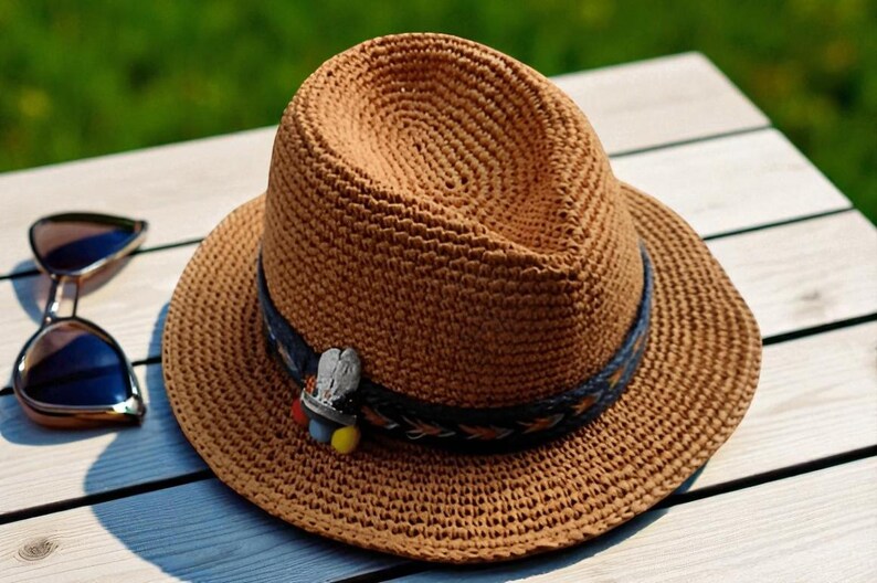 Puede incluir: Un sombrero fedora tejido marr&oacute;n con una banda decorativa y un peque&ntilde;o alfiler. El sombrero est&aacute; sobre una superficie de madera de color claro junto a unas gafas de sol con lentes oscuras. El sombrero tiene un dise&ntilde;o cl&aacute;sico y elegante.