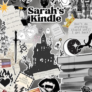 May include: A collage featuring the text "Sarah's Kindle" with various gothic and romantic elements. Includes a haunted house, bats, skulls, hearts, a sword, and the words "Dark Romance Lover". The color palette is primarily black, white, and gray.