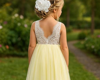 Boho Lace Flower Girl Dress for Wedding, Toddler Tulle Dress with V-Back, Long or Short Sleeve, Rustic Junior Bridesmaid Outfit