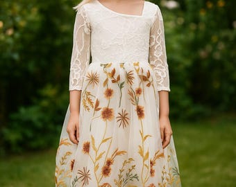 Herfst bloemenmeisjesjurk verbrand oranje, rustieke kanten tule jurk, boho bloemenmeisjesjurk, herfst trouwjurk voor peuter of junior bruidsmeisje