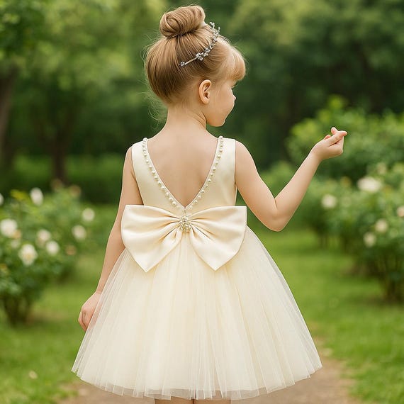 cream colored flower girl dresses Ivory satin V back girl dress with large bow knee length for flower girl toddler birthday baptism communion or wedding outfit