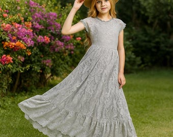 Robe longue bohème en dentelle pour fille, robe de demoiselle d'honneur, tenue de mariage d'été, petite à grande fille, robe d'anniversaire élégante ou séance photo de plage