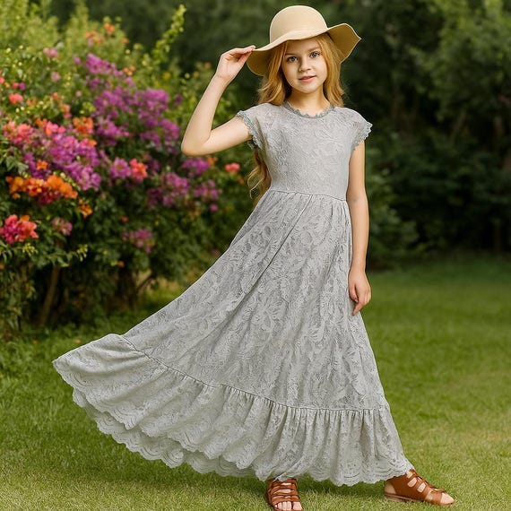 maxi girls boho dress APEXFWDT Girls Lace Boho Flower Dress Ruffle Sleeve A-Line Formal Dresses  for Wedding Party Girl's Casual Flowy Long Maxi Dress 3-14 Years