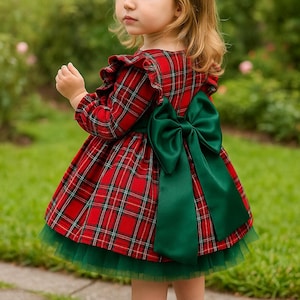 Robe de Noël à carreaux pour fille, robe tutu de vacances pour tout-petit, tenue vintage rouge vert, tenue de séance photo de Noël, robe de père Noël pour le petit déjeuner