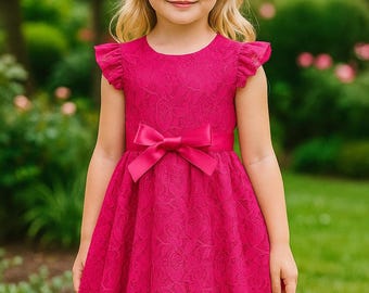 Flower Girl Dress Lace, Toddler Wedding Dress, Girls Party Dress with Bow, Elegant Lace Dress for Kids, Birthday Dress Girl