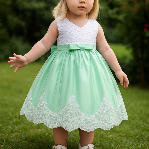 Baby Girl Tulle Dress - Mint Green Lace Birthday Outfit with Headband