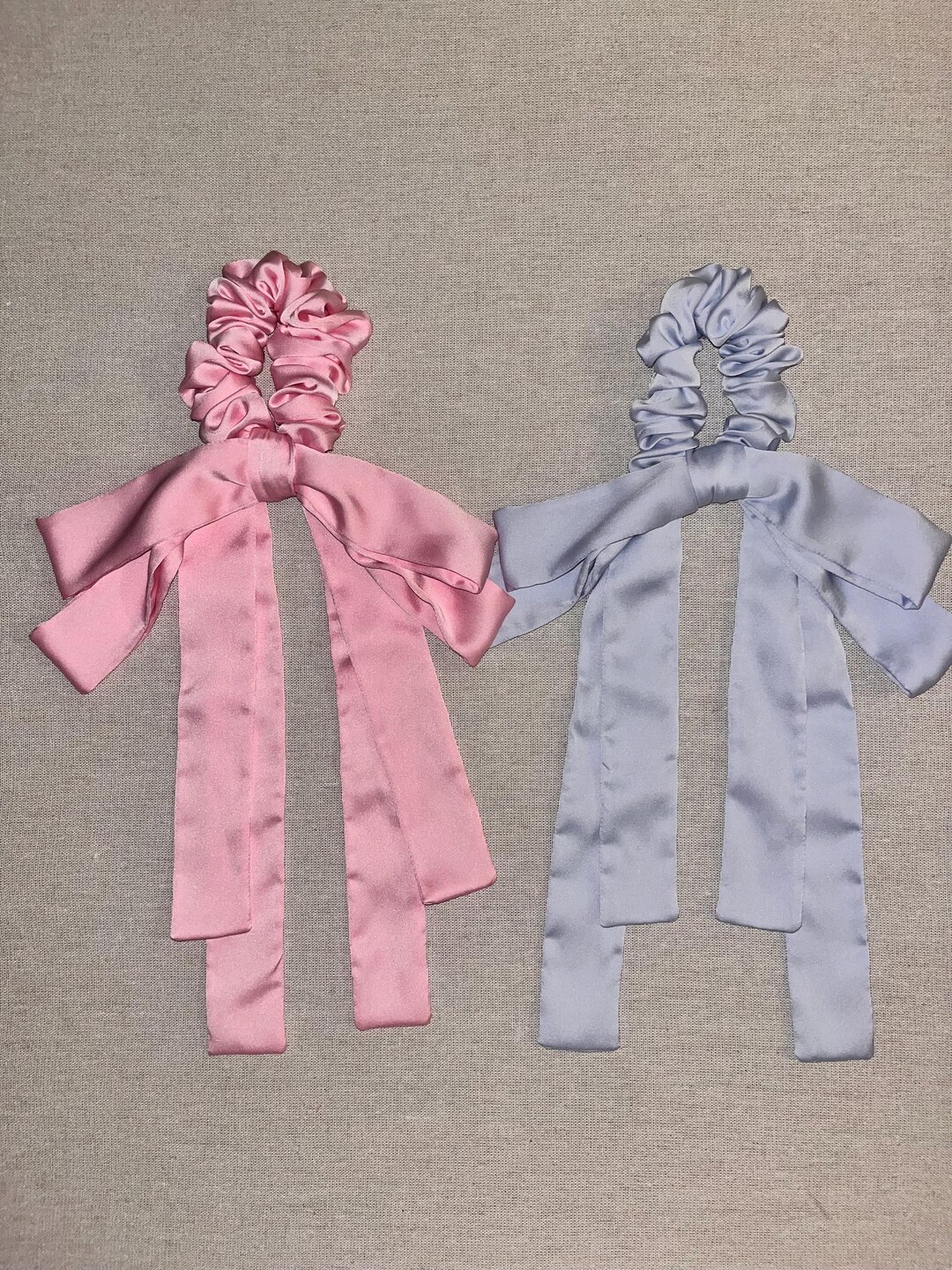 Pink and Light Blue Satin Scrunchie Set With Double Bow Ribbons - Etsy