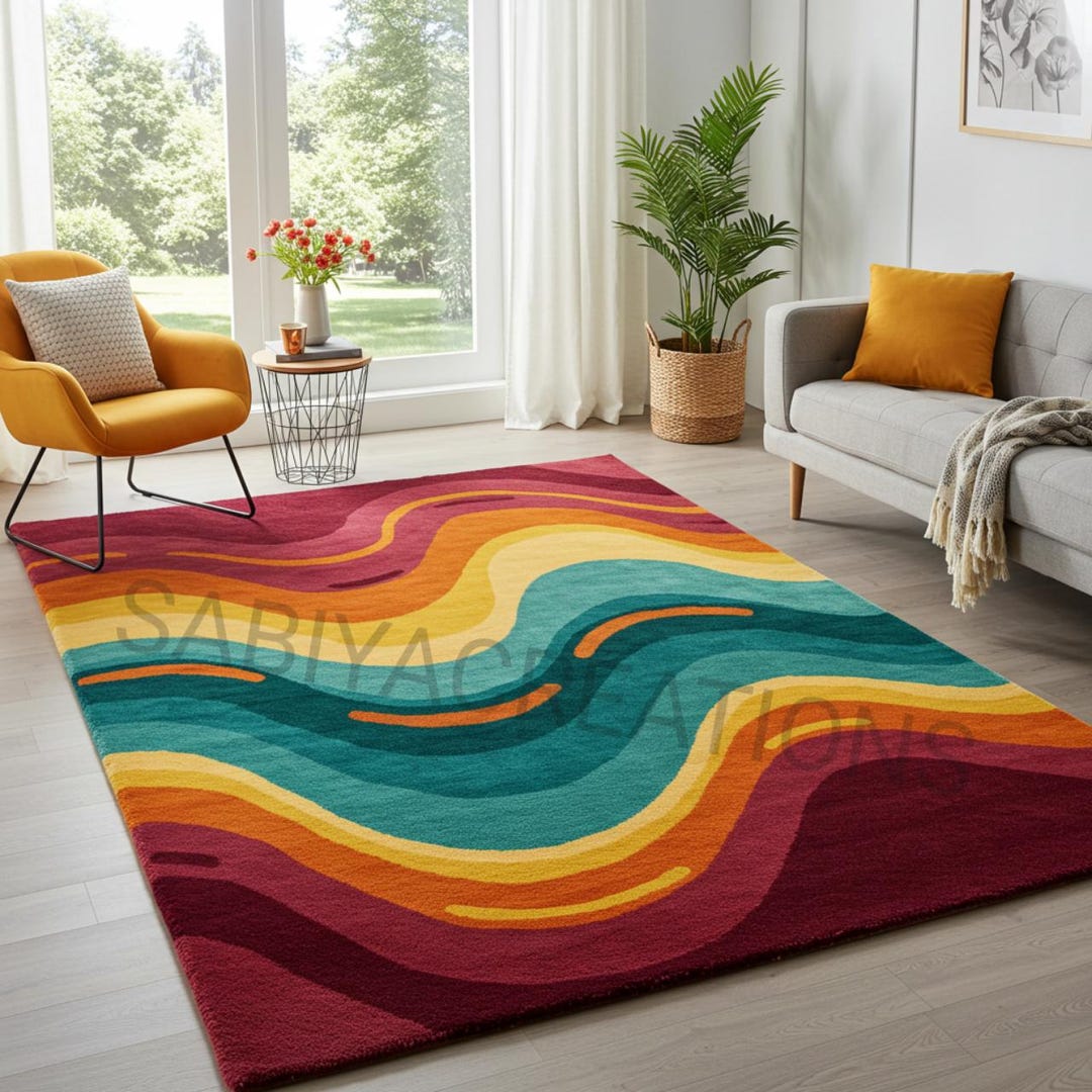 Wool Wave Rug Abstract Wave Wool Rug: Hand-tufted Multi-color Statement Carpet - Etsy