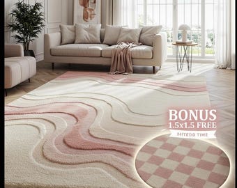 Hand-Tufted Wool Abstract Wave Rug, Soft Pink Pastel Living Room Decor