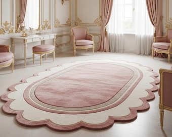 Hand-Tufted Wool Scalloped Area Rug, Blush Pink Oval Nursery Decor