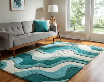 Hand-Tufted Abstract Wool Area Rug | Teal and Blue Wavy Design | Modern Living Room Decor