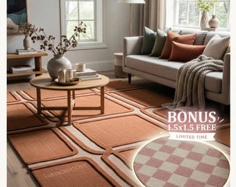 Hand-Tufted Wool Terracotta Geometric Rug, Mid-Century Modern Living Room Floor Decor