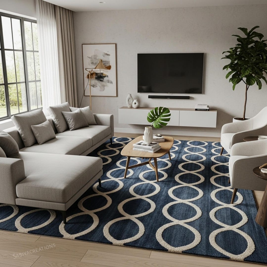Hand-tufted Wool Rug: Navy Blue Wavy Line Abstract Carpet - Etsy