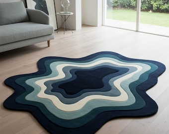 Hand-Tufted Wool Area Rug – Abstract Blue Topographic Design