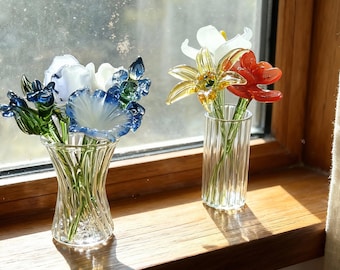 Hand Blown Glass Birth Month Flower Gift for Mom, Handmade Crystal Bouquet, Small Single Piece Floral Decor, Mother Birthday Gift for Her