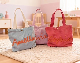 Personalized Kids Corduroy Tote Bag, Embroidered Name, Birthday Gift