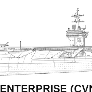 Puede incluir: Dibujo lineal en blanco y negro del portaaviones USS Enterprise (CVN-65). La imagen muestra el perfil del barco, con el número 65 en la isla. Varios aviones están representados en la cubierta de vuelo. El texto "USS ENTERPRISE (CVN-65)" está en la parte inferior.