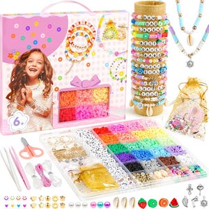 May include: A jewelry-making kit with a variety of colorful beads, charms, and tools. The kit includes a box with a picture of a girl wearing jewelry, a display of bracelets, and a clear tray filled with beads in various colors and shapes.