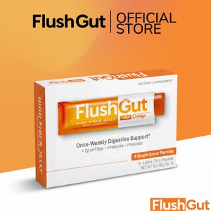 Puede incluir: Una caja blanca y naranja de suplemento dietético en gelatina alta en fibra Flush Gut. El empaque muestra el texto Flush Gut, Once-Weekly Digestive Support, 7g of Fiber, Prebiotic, Probiotic y 6 Single-Serve Packets, 6-25g, peso neto 150g.