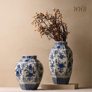 Blue and White Porcelain Vase | Ceramic Vintage Vase | Gilded Vase for Living Room or Entryway | Vintage Floral & Seawater Decorative Vase
