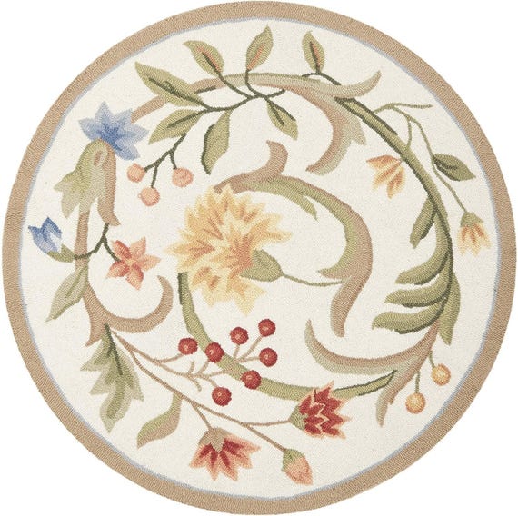 Hand Tufted Wool Rug: Round Floral Vine, Cream & Green
