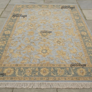 Handmade Vintage Oushak Rug: Soft Blue & Gold Floral Turkish Carpet