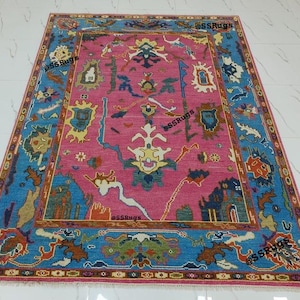 Hand Knotted Oushak Wool Rug | Unique  Pink & Blue Oriental Carpet for Home Decor