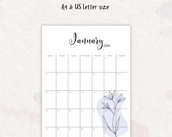 May include: A white 2026 calendar showing January. The calendar is A4 and US letter size. The word "January" is in cursive, with a floral design in the bottom right corner. The calendar is designed for the year 2026.