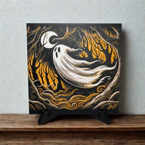 Large Halloween Ghost Hueforge with Stand - 3D printed art decor display gift