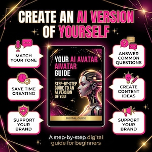 May include: A digital guide titled Your AI Avatar Aivatar Guide featuring a profile illustration of a robotic person. The graphic includes text about creating an AI version of yourself, with icons for tone, time, brand support, questions, and content.