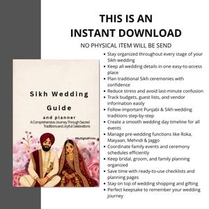 Könnte beinhalten: Ein digitaler Download mit dem Titel "Sikh Wedding Guide and Planner". Das Cover zeigt ein Paar in traditioneller Kleidung. Der Leitfaden hilft bei der Organisation einer Sikh-Hochzeit, einschließlich Planung, Budgetierung und Anbieterinformationen. Text auf der rechten Seite listet Funktionen auf.
