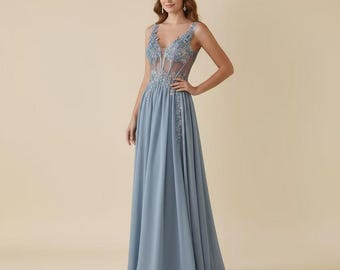 Prom Dress Sleeveless Long Gray Blue Prom Dress | Bridesmaid Wedding Dress | Wedding Guest Dress Formal | Gift for Her Dress 2026