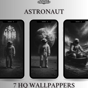Könnte beinhalten: Schwarz-Weiß-Illustration von drei Smartphones mit Astronauten-Hintergründen. Die Hintergrundbilder zeigen einen Astronauten in einer gotischen Kathedrale, in der Nähe eines explodierenden Planeten und beim Rudern in einem Boot. Text: "ASTRONAUT" und "7 HQ WALLPAPERS B&W COLLECTION".