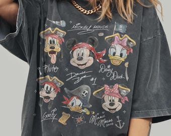 Comfort Colors Vintage Mickey & Friends Disney Pirate Signature Crew Tee, Pirates Of The Caribbean Family Matching Shirt, Disney Cruise Gift