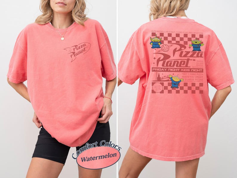 May include: A watermelon-colored t-shirt with the Pizza Planet logo on the front. The back of the shirt features the Pizza Planet logo, alien characters, and the text "Friday Night Kids Night".