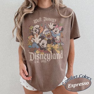 May include: Espresso-colored t-shirt featuring a vintage-style Disneyland graphic with Mickey Mouse, Minnie Mouse, Donald Duck, Goofy, and Pluto. The shirt has the text "Walt Disney's Disneyland Est. 1955" printed on the front.