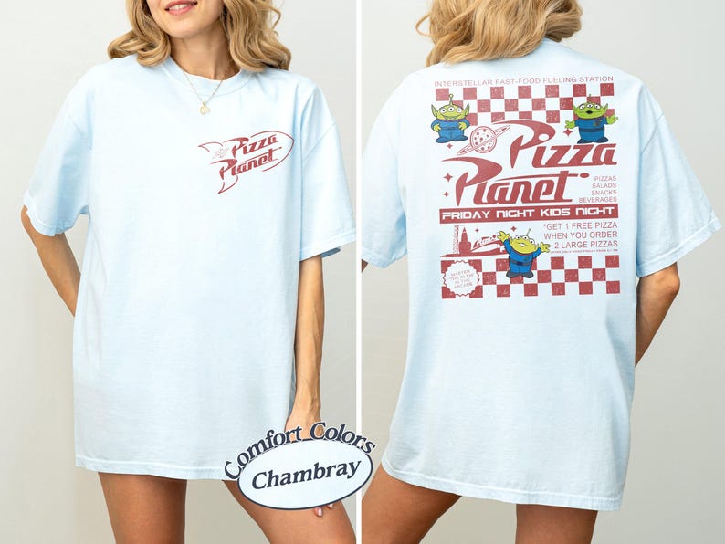 May include: Light blue t-shirt with the Pizza Planet logo on the front and back. The back features the text "Interstellar Fast-Food Fueling Station" and "Friday Night Kids Night" with alien graphics.
