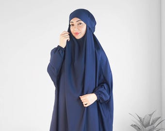 Conjunto Jilbab Premium de dos piezas azul marino: elegante prenda de seda Nidha coreana