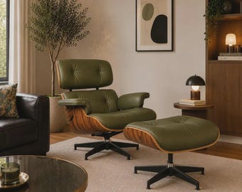 Sillón moderno de madera y cuero con otomana – Cuero verde de primera calidad y madera de nogal.