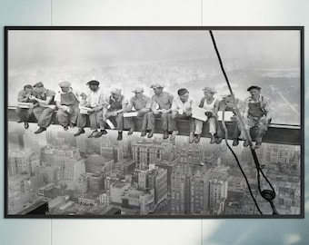 超高層ビルの上でのランチ ウォールアート — ニューヨークの建設現場写真 — 白黒プリント