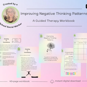 Könnte beinhalten: Ein digitales Arbeitsbuch mit dem Titel "Improving Negative Thinking Patterns" mit dem Foto eines Schulsozialarbeiters. Das Arbeitsbuch enthält Seiten zu "Jumping to Conclusions" und eine Anleitung zur Behandlung von Denkprozessen. Das Bild enthält auch ein "SALE 50%"-Abzeichen.