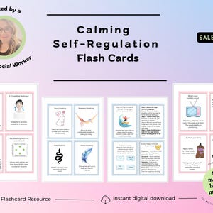 May include: A set of Calming Self-Regulation Flash Cards featuring various breathing techniques and coping strategies. The cards include illustrations of a triangle, a person, a rabbit, a surfer, a snake, a feather, and a television, with instructional text.