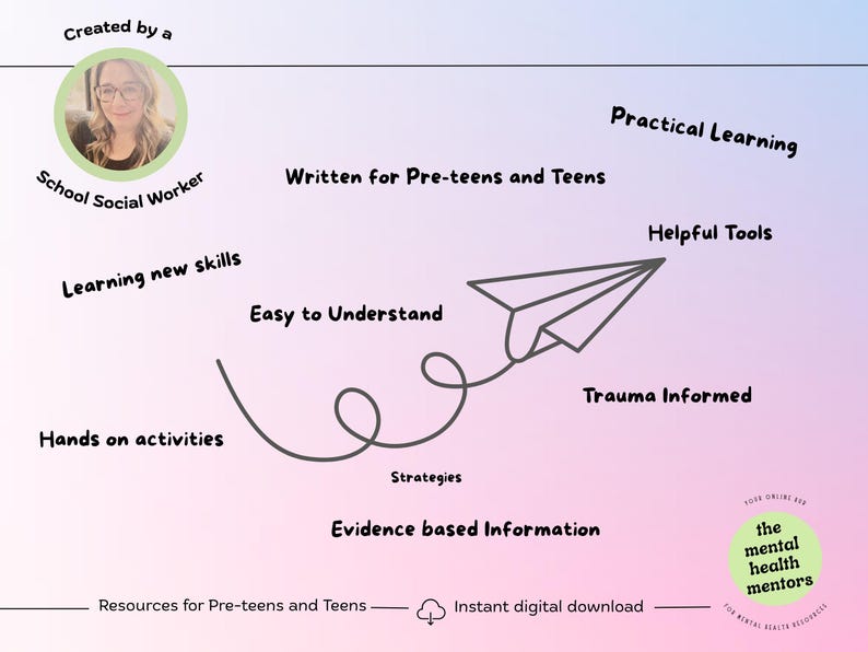 May include: An image with a soft pink and blue gradient background features text and a paper airplane illustration. Text includes "Practical Learning," "Helpful Tools," and "Trauma Informed." The image is labeled "Resources for Pre-teens and Teens" and "Instant digital download."