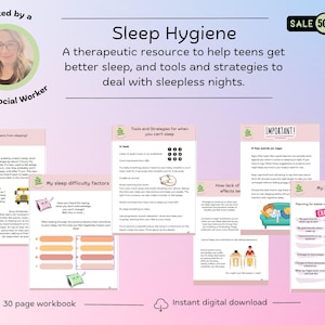 May include: A digital workbook titled "Sleep Hygiene" with a gradient background. It includes tips and strategies for teens to improve sleep, with sections on sleep difficulties and planning. The image also includes a "SALE 50%" banner.