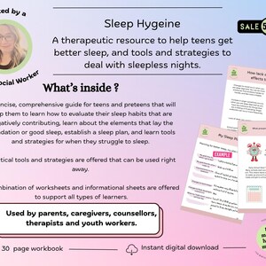 May include: Digital workbook titled "Sleep Hygeine" with a 50% off sale banner. The resource, created by a school social worker, offers tools and strategies for teens to improve sleep. Includes worksheets and a sleep plan.