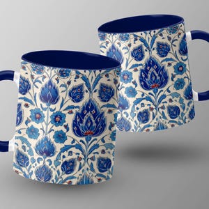 Floral Blue and White Ceramic Mug, Turkish Inspired Coffee Mug, Decorative Tea Cup, Elegant Drinkware, Gift for Coffee Lovers