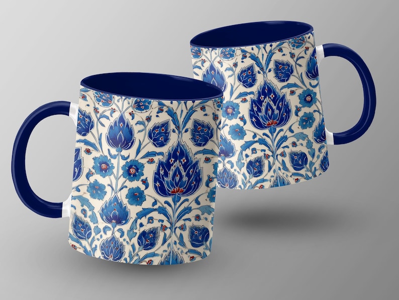 Floral Blue and White Ceramic Mug, Turkish Inspired Coffee Mug, Decorative Tea Cup, Elegant Drinkware, Gift for Coffee Lovers
