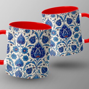 Blue Floral Ceramic Coffee Mug, Red Handle Accent Mug, Elegant Tea Cup, Artistic Flower Print, Stylish Drinkware, Perfect Gift Idea