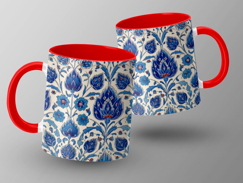 Blue Floral Ceramic Coffee Mug, Red Handle Accent Mug, Elegant Tea Cup, Artistic Flower Print, Stylish Drinkware, Perfect Gift Idea