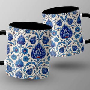 Blue Floral Ceramic Mug, Turkish Inspired Coffee Cup, Unique Gift Idea, Tea Lover's Mug, Home Decor, Artistic Design Beverageware